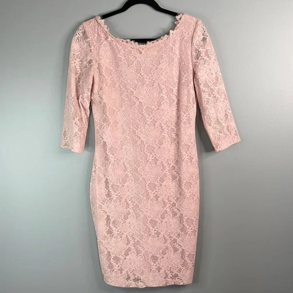 LE CHATEAU Pastel Blush Pink Floral Lace Dress Bodycon Tailored Fit Size M - Picture 13 of 13